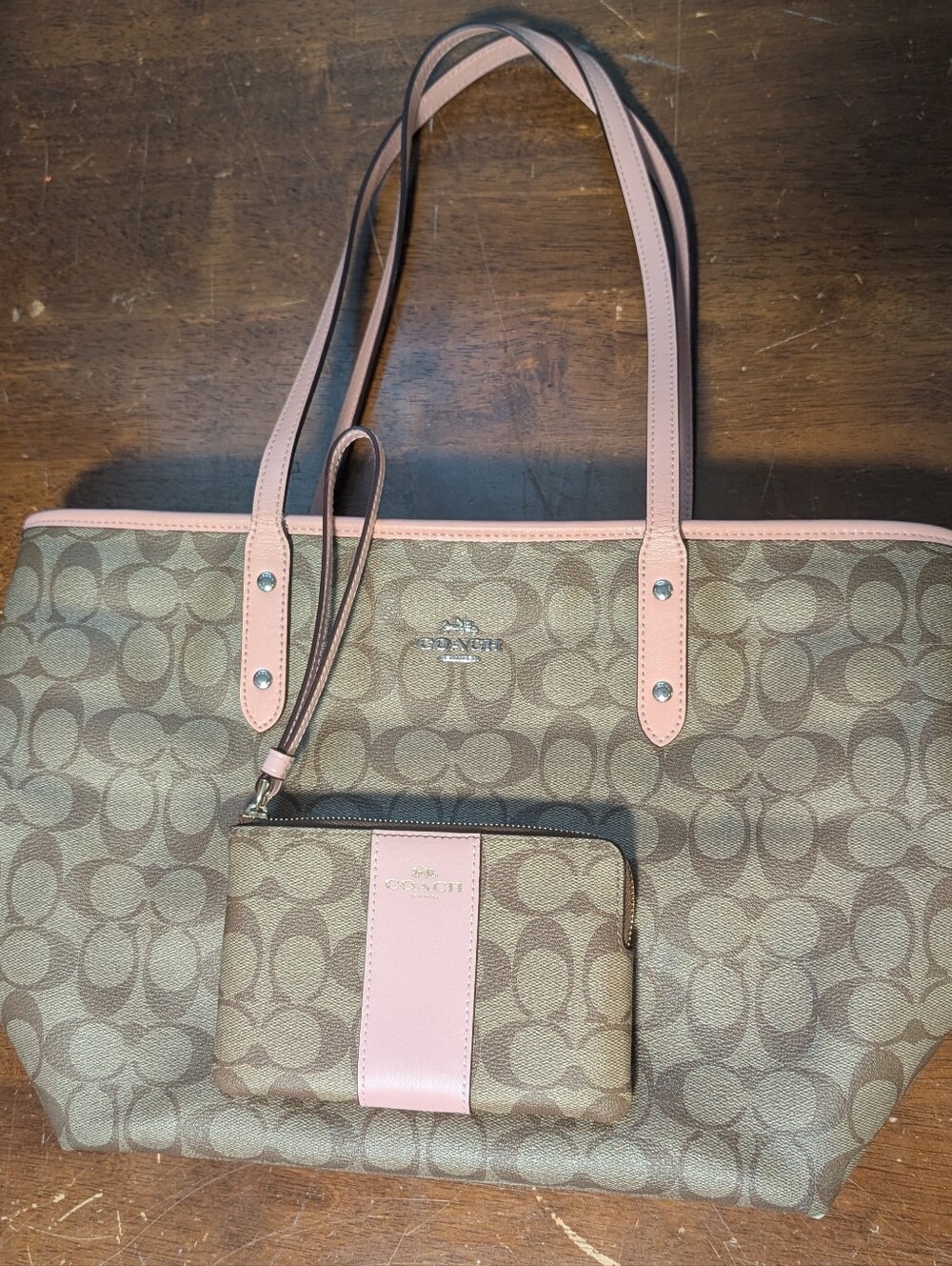 Coach Signature Canvas Tote with Pink Trim and Wristlet